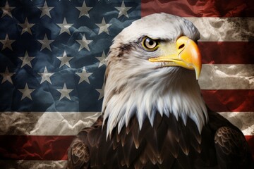 Powerful american bald eagle majestically perched on a distressed grunge american flag