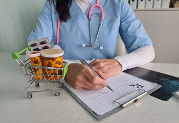 Basket with pills and pharmacist writing prescription
