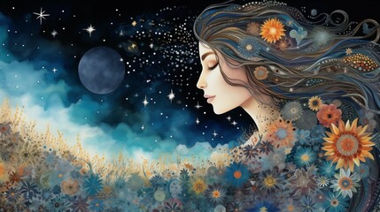 Magical Unity of Woman, Flowers, and Cosmos - Dreamy Night Illustration - obrazy, fototapety, plakaty