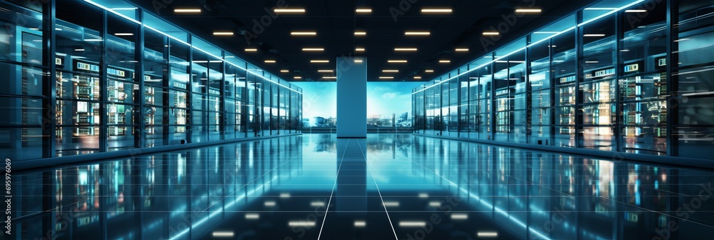 Poster sleek data center with advanced server racks emitting captivating blue glow in an organized setting