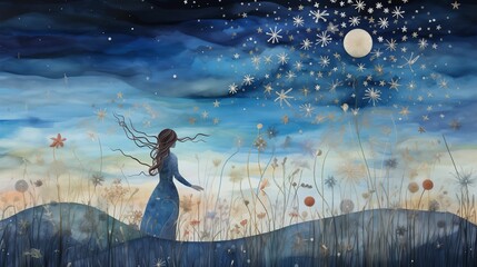 Celestial Solitude: Enchanted Woman and Moon in Floral Night