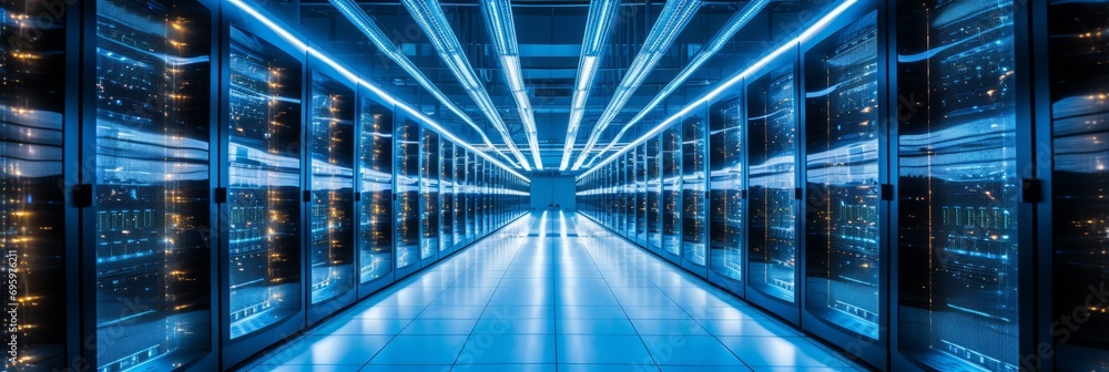 Poster visually captivating modern data center with organized server racks emitting soft blue glow