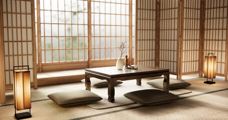 low table and pillow on minimal room japan style. - obrazy, fototapety, plakaty