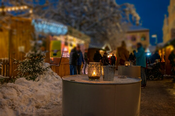 Bavarian Christmas Market at night with illuminated warm lights