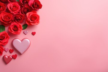 Valentine's Day rose and hearts on pink background with copyspace, February 14 romantic social media banner template