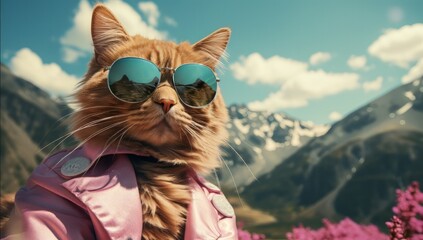 Dapper Cat in Nature's Grandeur.
Debonair cat with reflective sunglasses, set against picturesque mountain scenery. - obrazy, fototapety, plakaty