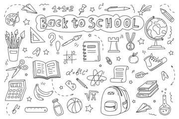 Hand drawn school supplies. Back to school doodle large set of elements. School object collection. Sketch icon set. Good for wrapping paper, stationery, scrapbooking, wallpaper, textile prints      