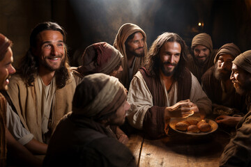 Jesus Christ and the apostles at the Last Supper, a conversation with the disciples. Christian...