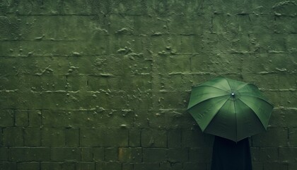 Young man holding a vibrant green umbrella in the pouring rain with plenty of copy space
