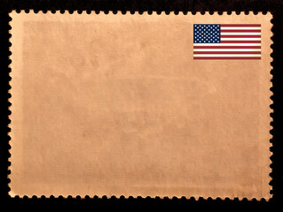 Blank rectangle postage stamp with US flag isolated on white background. Texture of old paper