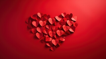 Red Paper Hearts Forming a Larger Heart on Red Background. A creative arrangement of smaller red paper hearts collectively shaping a large heart on red background