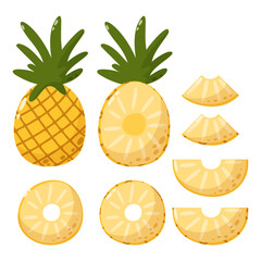 Pineapple set, whole and slices, vector illustration collection. Seasonal fruits, summer vitamin, healthy food concept. Cartoon flat style