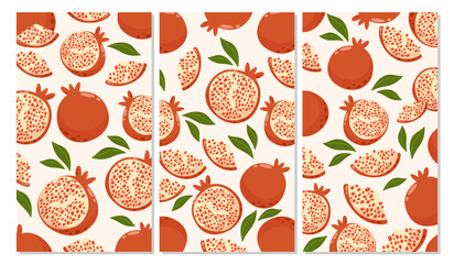 Set of pomegranates backgrounds. Summer fruit vector illustration in cartoon flat style. For banner, poster, flyer, stories, cover