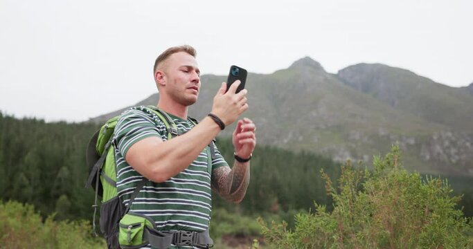 Hiking, man and phone call problem in nature with connection fail, error or 404 glitch. Trekking, travel or male hiker with smartphone issue, lost or network search for location, app or directions