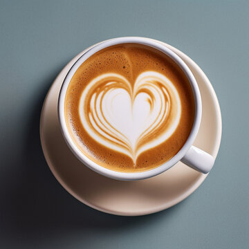 Fotografia con detalle de taza de cafe con dibujo de forma de corazon con la crema, sobre fondo de tonos neutros