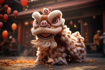 Spirited Tradition Chinese Traditional Lion Dance Costume Enchants in Temple Performance During Lunar New Year Celebration and Chinese New Year Festivities. created with Generative AI