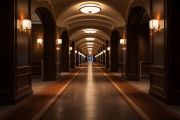 Fototapeta na wymiar Soundless Interior long hotel corridor. Wall door floor. Generate Ai