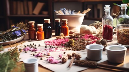 Herbal Apothecary with Natural Ingredients. A traditional apothecary setting with natural dried herbs, flowers, and various bottles, alternative medicine, herbal medicine and holistic healing.