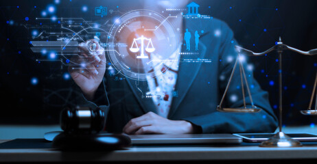 Attorney hand concept Justice with Judge gavel, Businessman in suit or Hiring lawyers in the digital system. Legal law, prosecution, legal adviser, lawsuit, detective, investigation,legal consultant..
