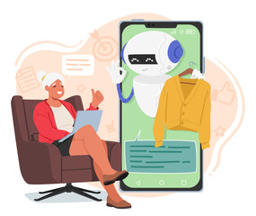 Elderly Woman Character Navigates Online Shopping With A Helpful Chatbot Assistant, Choosing Clothes