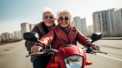 A elderly couple smiling on a motorbike.  - obrazy, fototapety, plakaty