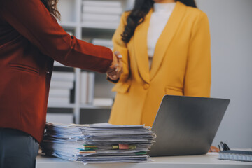 Meeting and greeting concept, Two confident Business handshake and business people after discussing...