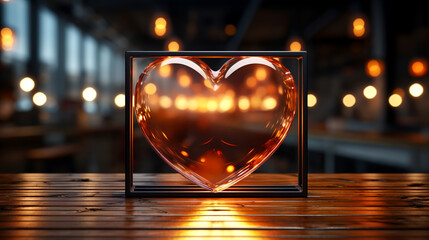 Cozy background with glass heart on dark background with bokeh.