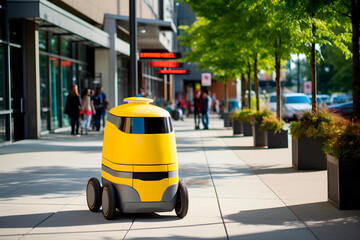 Obraz premium Delivery robot is driving down city street. Autonomous last mile delivery concept. AI generated