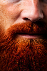 Red mustache and beard of a man close up. AI generated