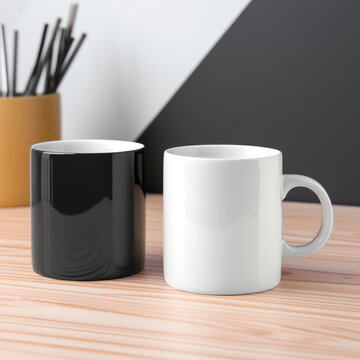 Fotografia de estilo mockup con detalle de dos tazas de ceramica, una negra y otra blanca