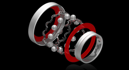 Exploded view of spherical rolling element bearing (ball bearing) on a black background - obrazy, fototapety, plakaty