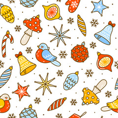 Seamless pattern with cartoon Christmas tree decorations isolated on white background for happy winter holidays design - 695980644