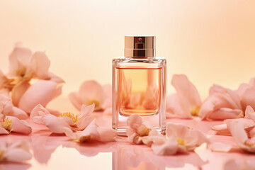 Bottle of perfume or eau de toilette on a peach, floral background