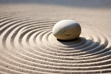 Fototapeta na wymiar Close up of single stone in Zen garden surrounded by circles
