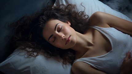 Naklejka premium A young brunette woman in pajamas sleeping on the bed. A tired woman. The problem with sleep. Insomnia. Sleep Quality