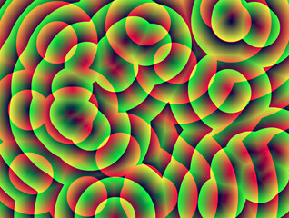 Abstrakcja, tło, luminescencja. Kolorowe przeźroczyste bąble, okręgi, ciekawe kształty z cyfrowym efektem luminescencji w kolorach zieleni i czerwieni z efektem gradientu 