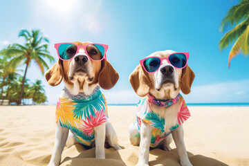 Funny Travel Vacation Beach Holidays Concept. Humorous image of two Beagle dogs wearing sunglasses and swimwear on beach with palm trees. Made with Generative AI Technology, perfected in Photoshop. - 695981817