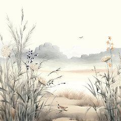 Wheat flowers Leave it blank chinese water painting with bamboo in the background, in the style