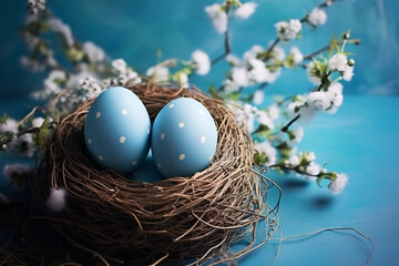 Blue Easter eggs with white dots in bird nest with white flowers in background