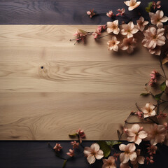Fotografia con detalle de superficie de madera de dos tonos, con flores y decoracion