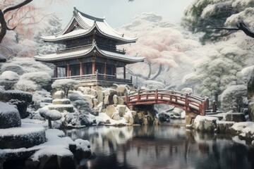Serene Japanese temple. Old tourism culture. Generate Ai