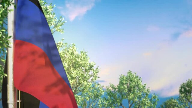 Waving flag of Donetsk Peoples Republic on woods and blue sky backdrop