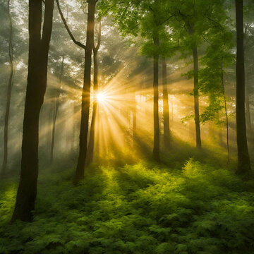 floresta com pôr do sol e com raios solares - 1