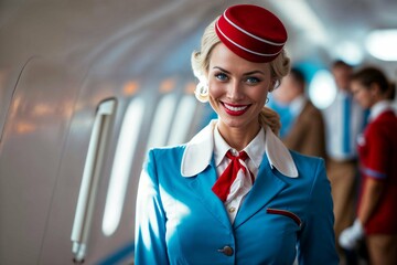 une hôtesse de l'air souriante en uniforme nous accueil à l'entrée d'un avion de ligne qui va nous emmener en vacances - obrazy, fototapety, plakaty