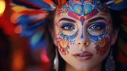 A vibrant carnival mask enhancing the beauty of a woman's face.