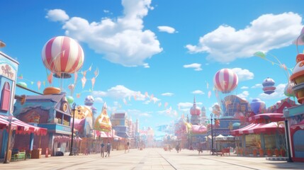 Anime characters cosplaying at colorful carnival with blue sky and fluffy clouds - obrazy, fototapety, plakaty