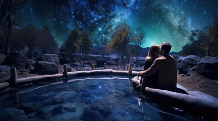 Couples enjoying a romantic moment in a secluded thermal spring, under a starry night sky...A blissful couple embraces in a natural thermal spring, surrounded by stars under the night sky. - obrazy, fototapety, plakaty