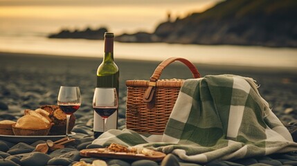 Blanket, picnic basket, wine, glasses, sandy beach, sea