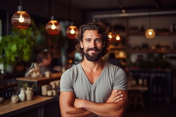 Obraz premium Portrait of Success Handsome Young Entrepreneur Smiles with Pride, Reflecting Happiness in His Professional Role Managing a Beautiful Furniture Shop. created with Generative AI