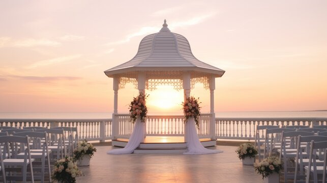 charming beachfront gazebo wedding ceremony set against a picturesque sunset backdrop.